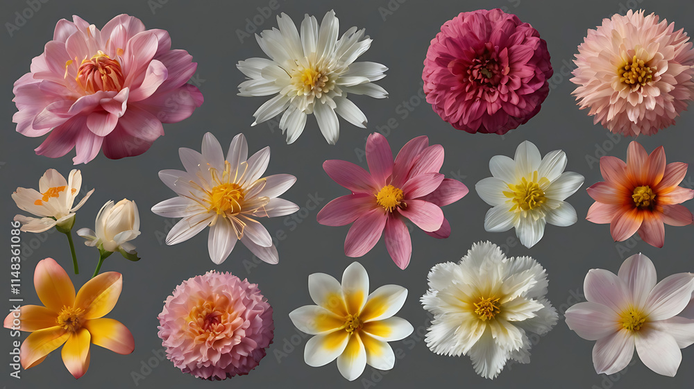 Obraz premium Set of various beautiful blooming flowers isolated on transparent background. Generative AI 