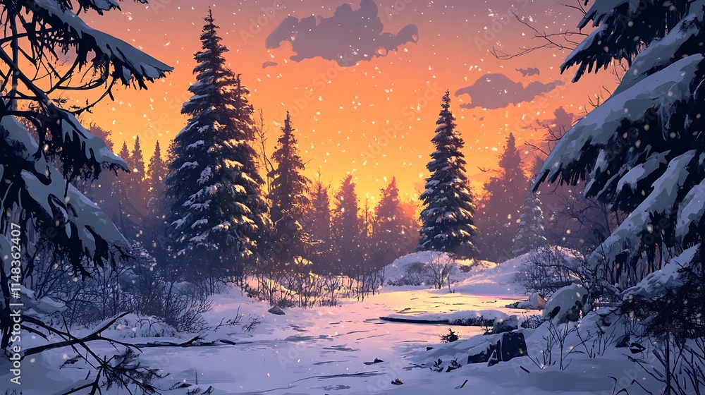 Serene Winter Sunset Snowfall In A Pine Forest Serene Winter Sunset Snowfall In A Pine Forest