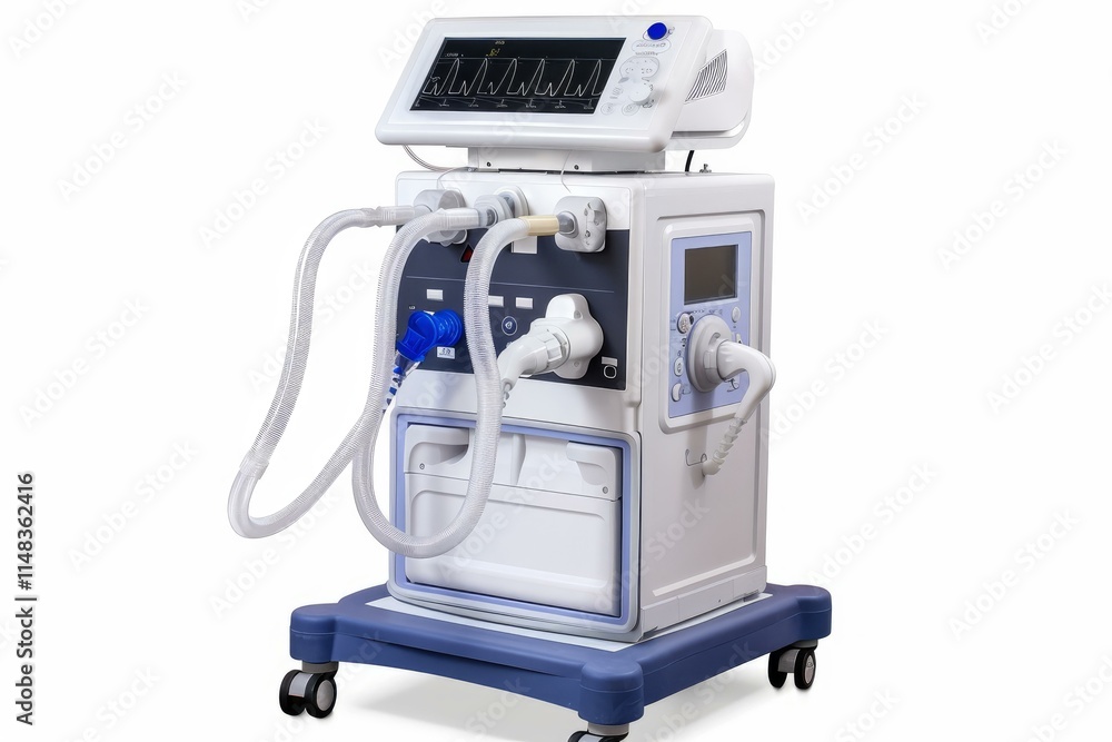 Modern medical ventilator showing vital signs on screen in hospital setting Modern medical ventilator showing vital signs on screen in hospital setting