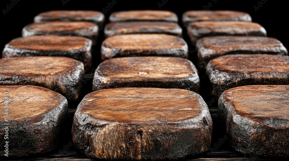 Rows of Rustic Brown Wooden Discs on Dark Background Rows of Rustic Brown Wooden Discs on Dark Background