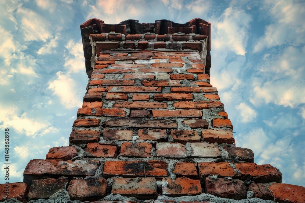Old brick chimney reaching for cloudy sky on a sunny day Old brick chimney reaching for cloudy sky on a sunny day