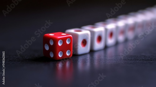 A single red die stands out from a row of white dice on a dark surface. photo