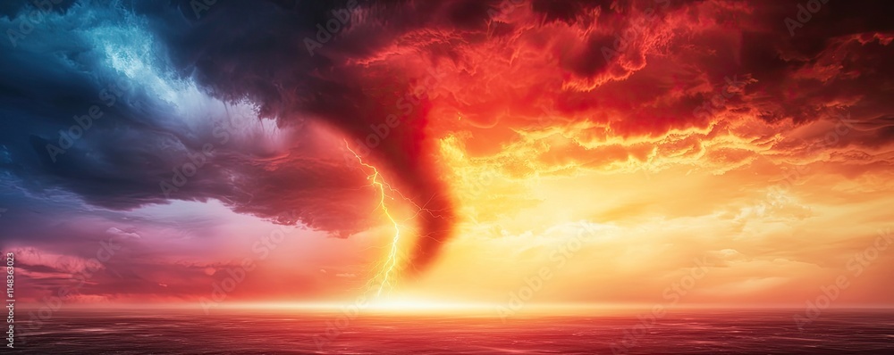 A dramatic scene depicting a swirling tornado against a vibrant sunset, with contrasting dark clouds enhancing the stormy atmosphere. A dramatic scene depicting a swirling tornado against a vibrant sunset, with contrasting dark clouds enhancing the stormy atmosphere.