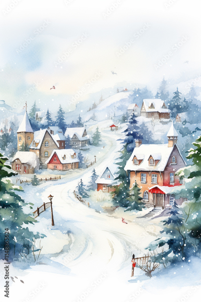 Fototapeta premium christmas village winter landscape on white background illustrated watercolor art