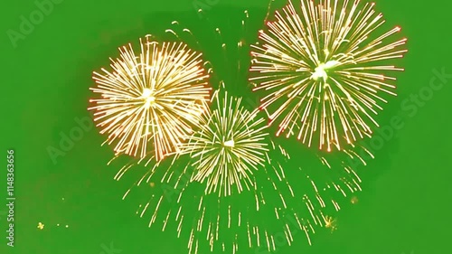 Bright colorful fireworks with green screen background, ideal for celebratory or festive video overlays and special effects.