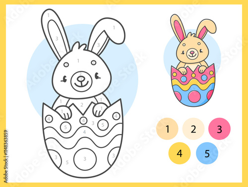 Color by numbers coloring book for kids with cute rabbit in the Easter egg. Coloring page with cartoon bunny with an example for coloring. Black and white and color versions. Vector illustration.