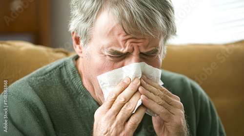 Sick Man on Sofa Blowing Nose with Tissue for Allergy Relief photo