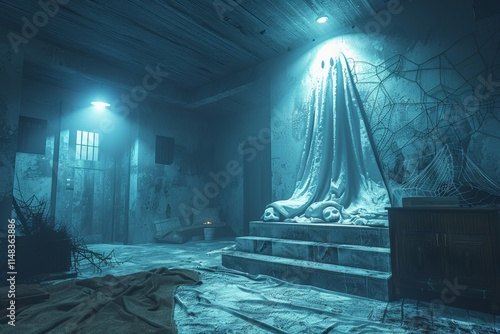 Dark abandoned room with eerie statue and cobwebs in a haunted atmosphere at night photo