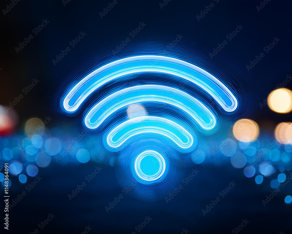 The blazing blue Wi-Fi emblem, which stands for digital connectivity and wireless internet access, has a blurred bokeh background The blazing blue Wi-Fi emblem, which stands for digital connectivity and wireless internet access, has a blurred bokeh background