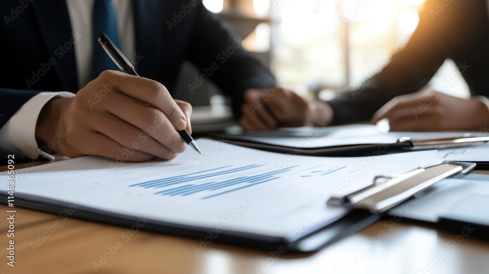 Businesspeople reviewing financial documents at a meeting. Businesspeople reviewing financial documents at a meeting.