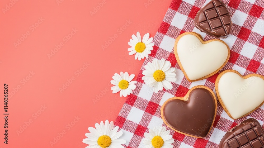 Obraz premium Valentine's Day flat lay with chocolates and flowers concept. Colorful heart-shaped cookies on a checkered cloth with daisies against a peach background, evoking a warm, cheerful atmosphere.
