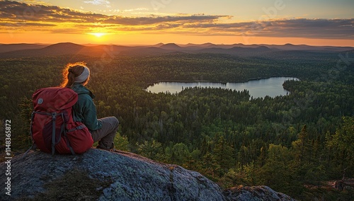 Hiker Contemplates Sunset's Golden Hues Over Vast Forest and Serene Lake, Achieving Tranquility on Mountain Peak.