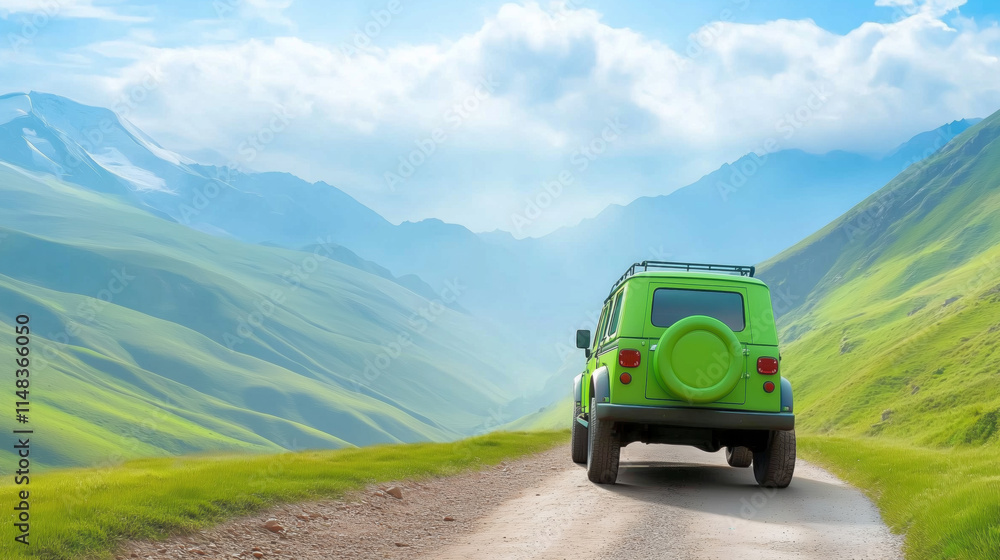 Scenic drive through lush green mountains under blue sky