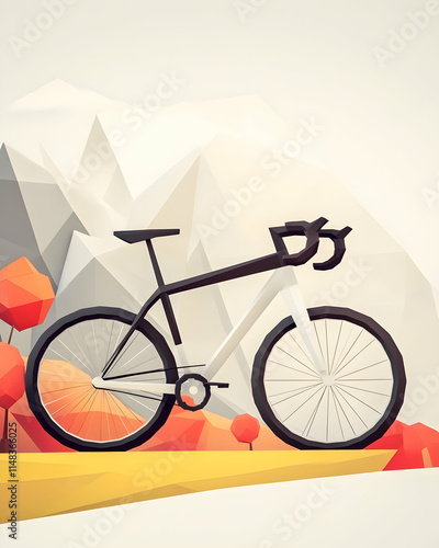 Low poly bicycle on an orange surface with mountains and trees in the background for cycling, graphic design. photo