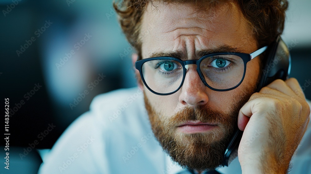 Young Professional Man with Glasses in Office Environment Expressing Concern While Engaged in Telephone Conversation During Work Hours Young Professional Man with Glasses in Office Environment Expressing Concern While Engaged in Telephone Conversation During Work Hours