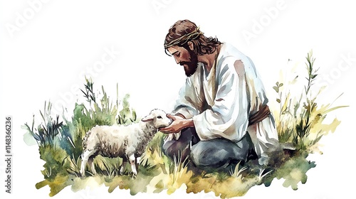 Man interacting with sheep in a serene, pastoral setting. photo