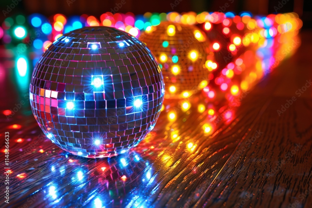 Obraz premium Colorful disco balls reflecting bright lights on a wooden floor creating a vibrant party atmosphere