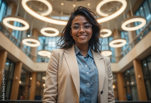 Confident woman in professional attire smiling indoors under modern circular lighting. photo