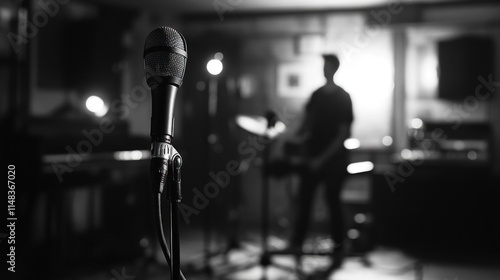 Close-up of microphone in recording studio with blurred musician.