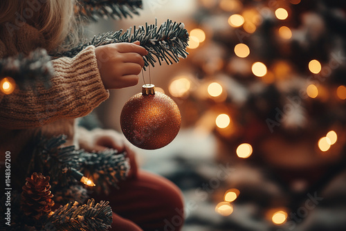 Excited child hanging ornaments on a brightly lit Christmas tree, cozy living room with a fireplace, soft 
