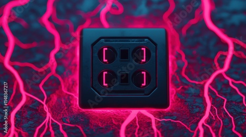 Intricate Close-up of a Modern Electrical Outlet Surrounded by Vibrant Pink Lightning Effects on a Dark Metallic Surface