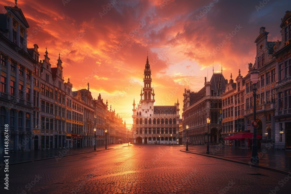 Fototapeta premium Grand place in brussels shining under dramatic red and orange sunrise sky