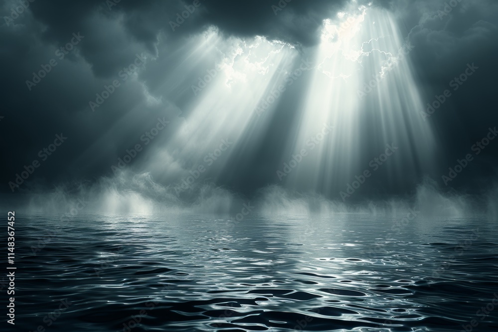 Fototapeta premium Mysterious seascape features dark clouds and beams of sunlight piercing through during twilight hours