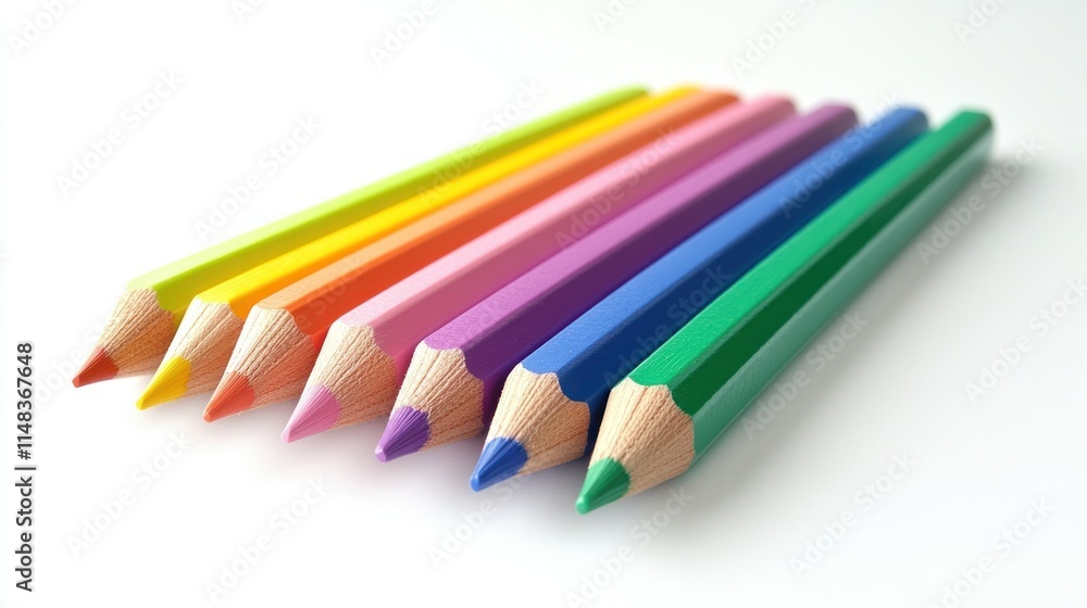 Fototapeta premium Colorful pencils arranged in a row on a white background.