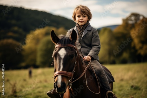 Little boy riding a horse in the autumn meadow. Selective focus. photo