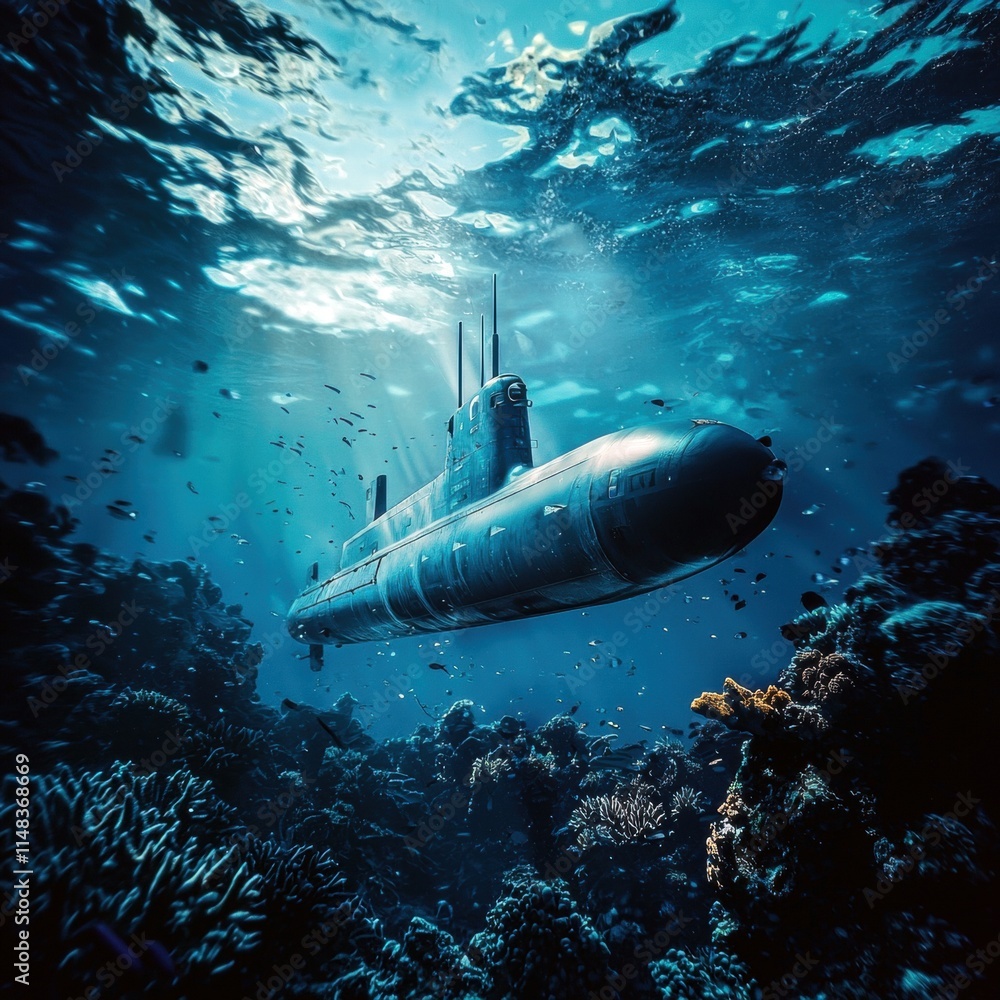 Fototapeta premium A submarine glides through vibrant coral reefs, exploring the underwater world.
