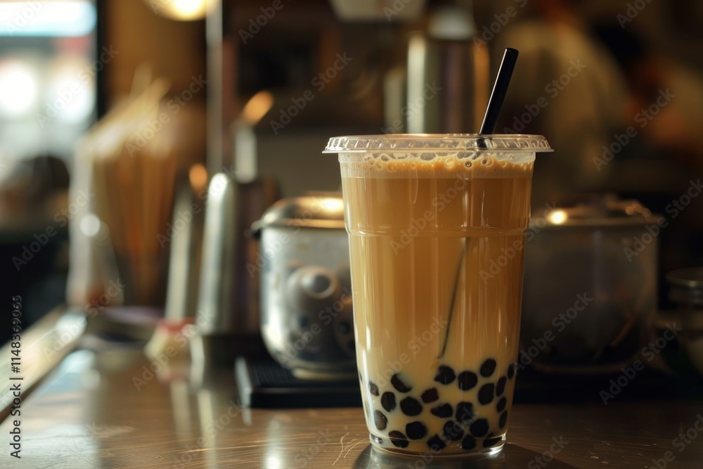 Plastic glass of refreshing iced bubble tea resting on counter in cafe Plastic glass of refreshing iced bubble tea resting on counter in cafe