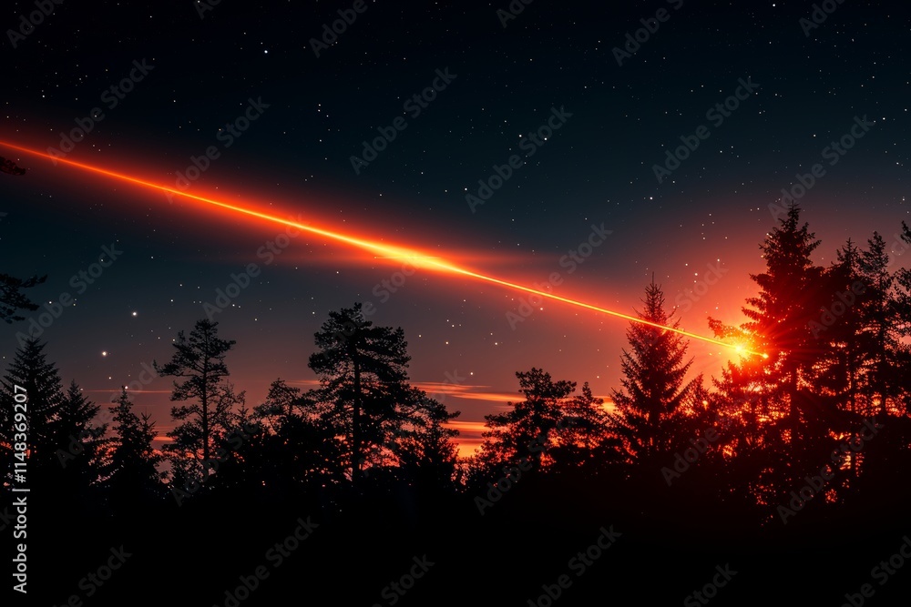 Vivid laser light beams illuminate the night sky over a serene forest landscape at dusk Vivid laser light beams illuminate the night sky over a serene forest landscape at dusk
