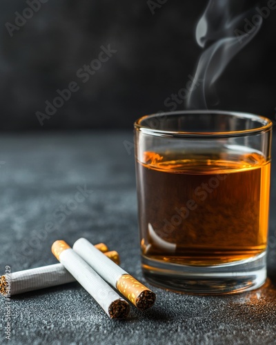 Glass of Rich Amber Whiskey Beside Three Cigarettes on Dark Stone Table with Smoke Rising in Atmospheric Setting