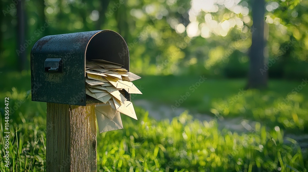 Old rustic mailbox overflowing with letters surrounded by lush green grass and trees in a tranquil outdoor setting, capturing the essence of communication and nature. Old rustic mailbox overflowing with letters surrounded by lush green grass and trees in a tranquil outdoor setting, capturing the essence of communication and nature.