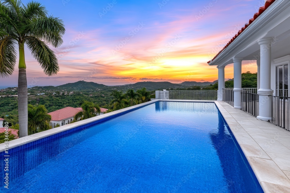 Fototapeta premium A luxurious garden design featuring an infinity pool surrounded by palm trees and tropical flowers