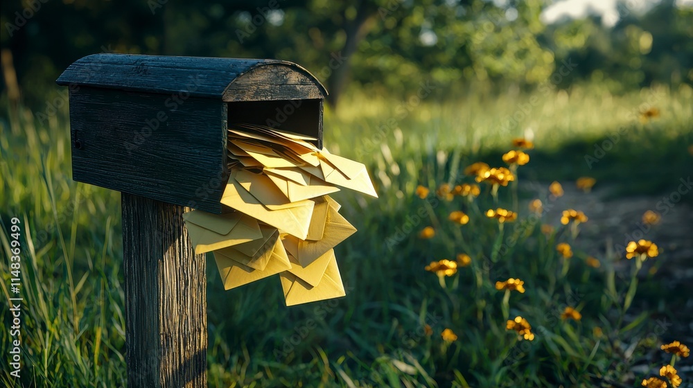 Rustic mailbox overflowing with yellow envelopes amidst a serene landscape of wildflowers, capturing the essence of nostalgia and connection in a peaceful countryside setting Rustic mailbox overflowing with yellow envelopes amidst a serene landscape of wildflowers, capturing the essence of nostalgia and connection in a peaceful countryside setting