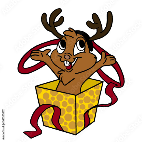 drawing of happy christmas reindeer with red ribbbon give a suprise of out the box