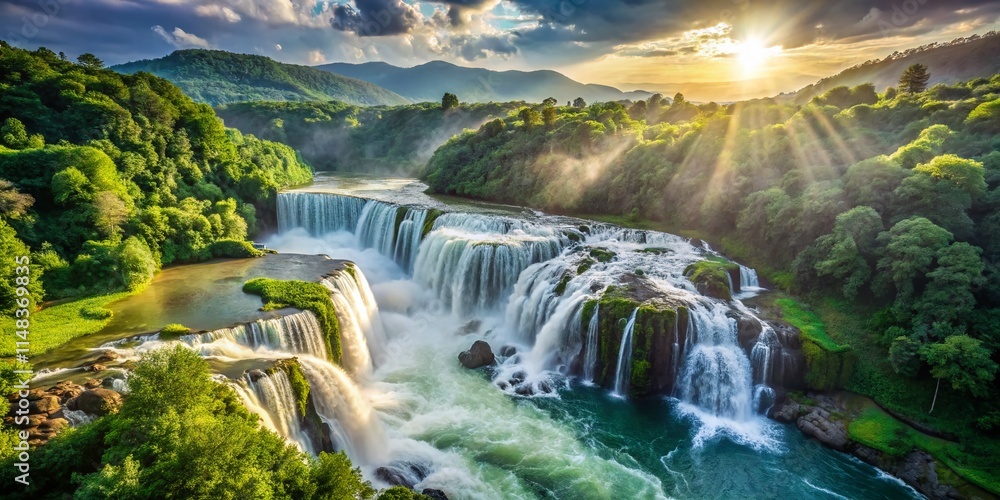 Fototapeta premium Stunning Slow Motion Waterfall Aerial Photography: High Resolution Images of Cascading Water