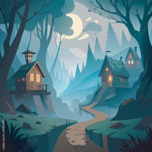 Moonlit forest path with hidden houses.