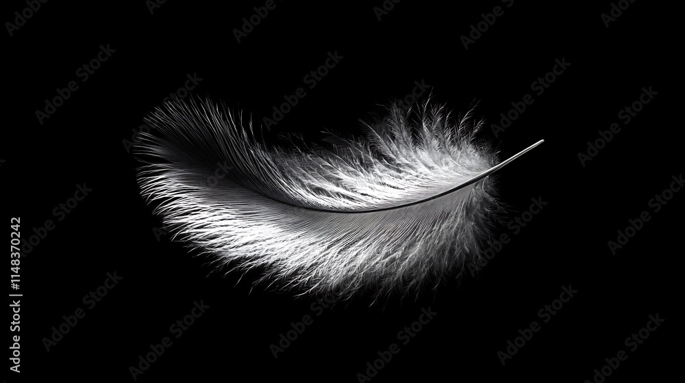 Obraz premium Single white feather on black background.