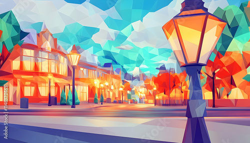 Low-poly autumn street scene, evening city lights, cozy town, game background, website banner. photo