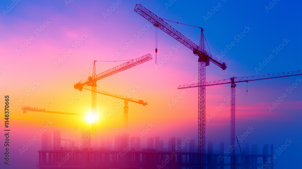 Construction cranes at sunset over a developing skyline Construction cranes at sunset over a developing skyline