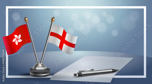 Hong Kong and England National flags on small table with bokeh background, cooperative relationship