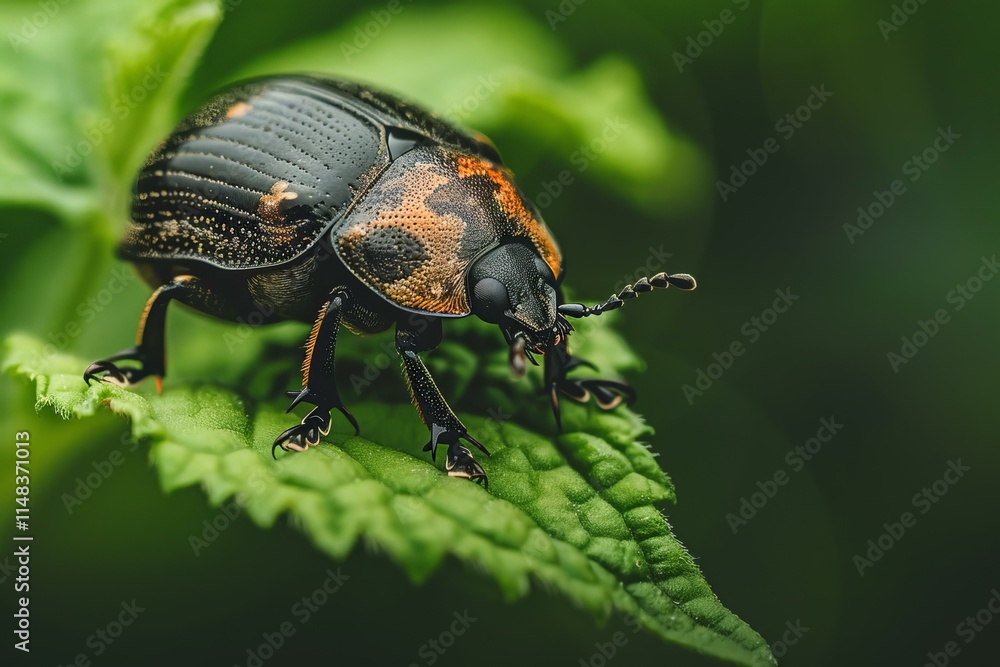 Fototapeta premium Earth boring dung beetle exploring green leaf in lush forest