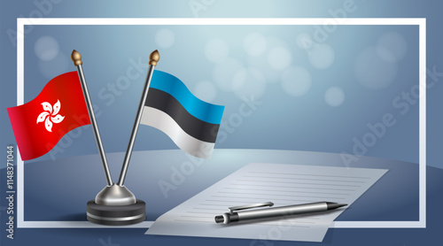 Hong Kong and Estonia National flags on small table with bokeh background, cooperative relationship