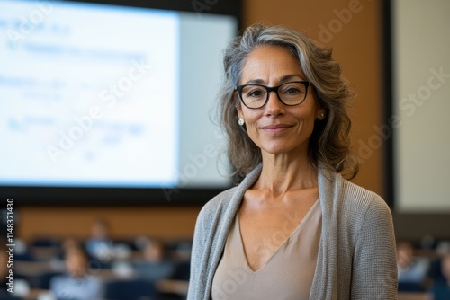 A confident professional woman stands in front of a lecture room, portraying knowledge and leadership, equipped with glasses and a calm demeanor to engage the audience. photo