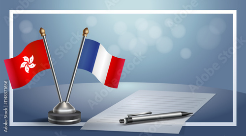 Hong Kong and France National flags on small table with bokeh background, cooperative relationship