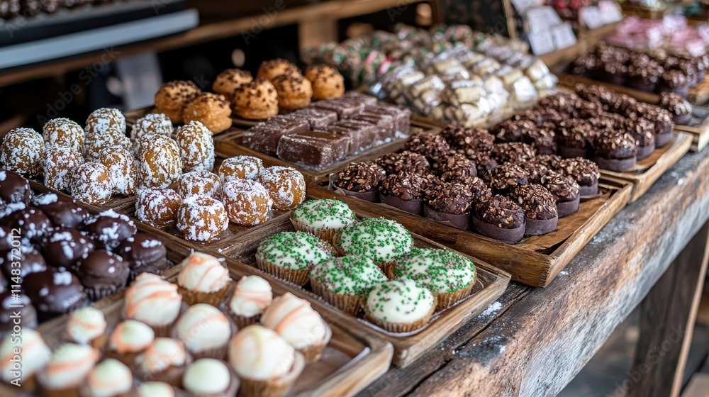 Colorful Holiday Treats Displayed on Rustic Wooden Tables in Festive Vibe Colorful Holiday Treats Displayed on Rustic Wooden Tables in Festive Vibe
