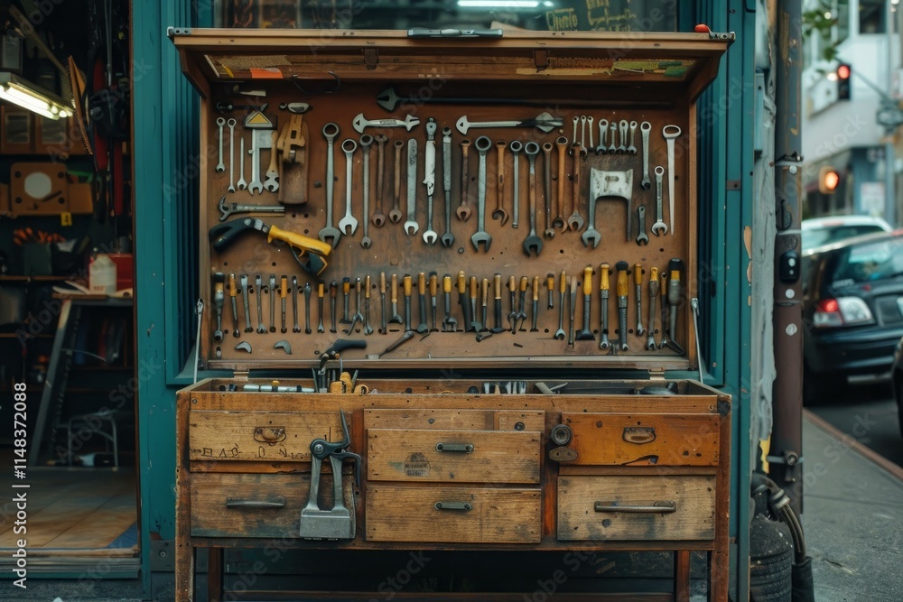 Wooden toolbox with variety of tools displayed on wall in workshop Wooden toolbox with variety of tools displayed on wall in workshop