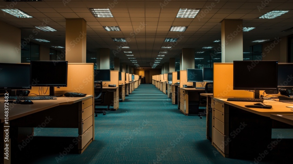 Dark and Empty Office Space with Rows of Desks and Monitors, Illuminated by Soft Light, Creating a Calm and Quiet Atmosphere for Productivity in Late Hours Dark and Empty Office Space with Rows of Desks and Monitors, Illuminated by Soft Light, Creating a Calm and Quiet Atmosphere for Productivity in Late Hours